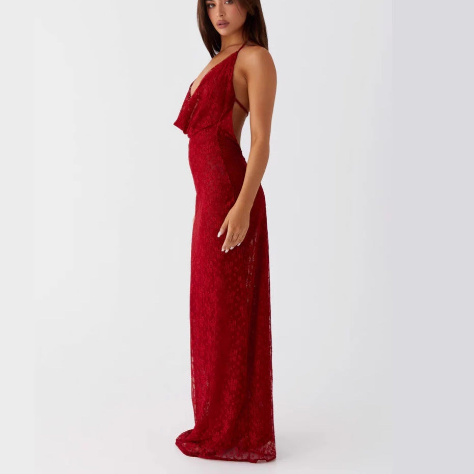 Flowering Girl Women Lace-up long dress with open back and spaghetti straps - red