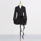 Flowering Girl Women flower ruffle ribbon mini dress in black