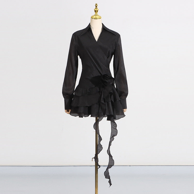 Flowering Girl Women flower ruffle ribbon mini dress in black