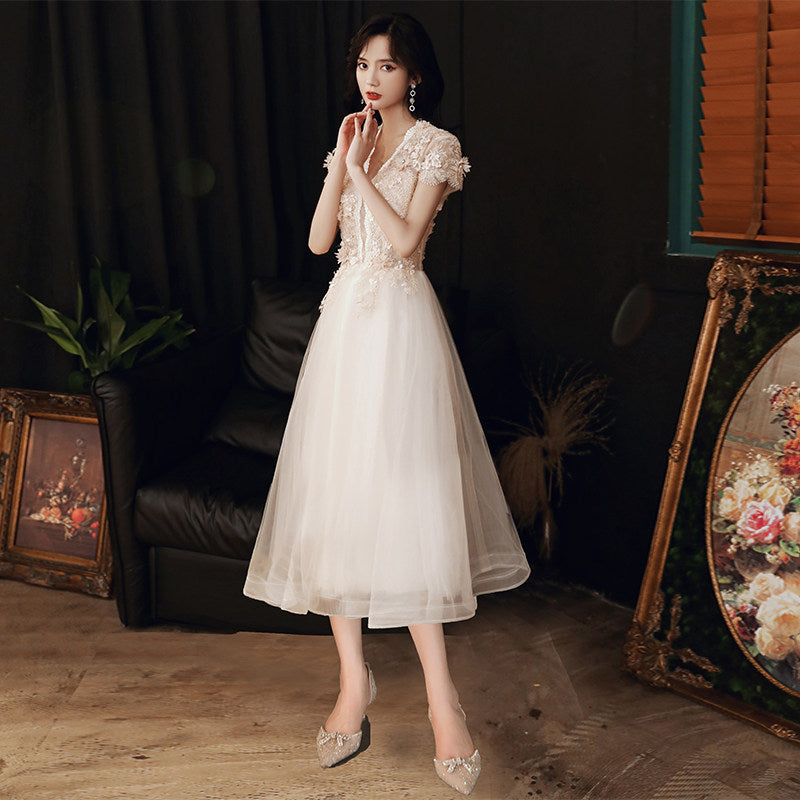 3D Floral Lace Short Sleeve Tulle Floor-Length Evening Gown