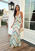 Flowering Girl Women Chevron Rainbow Crochet Cross-Back Spaghetti Strap Maxi Dress