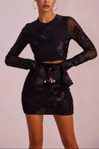 Black 3D Floral Mesh Long Sleeve Mini Dress With Back Cutout