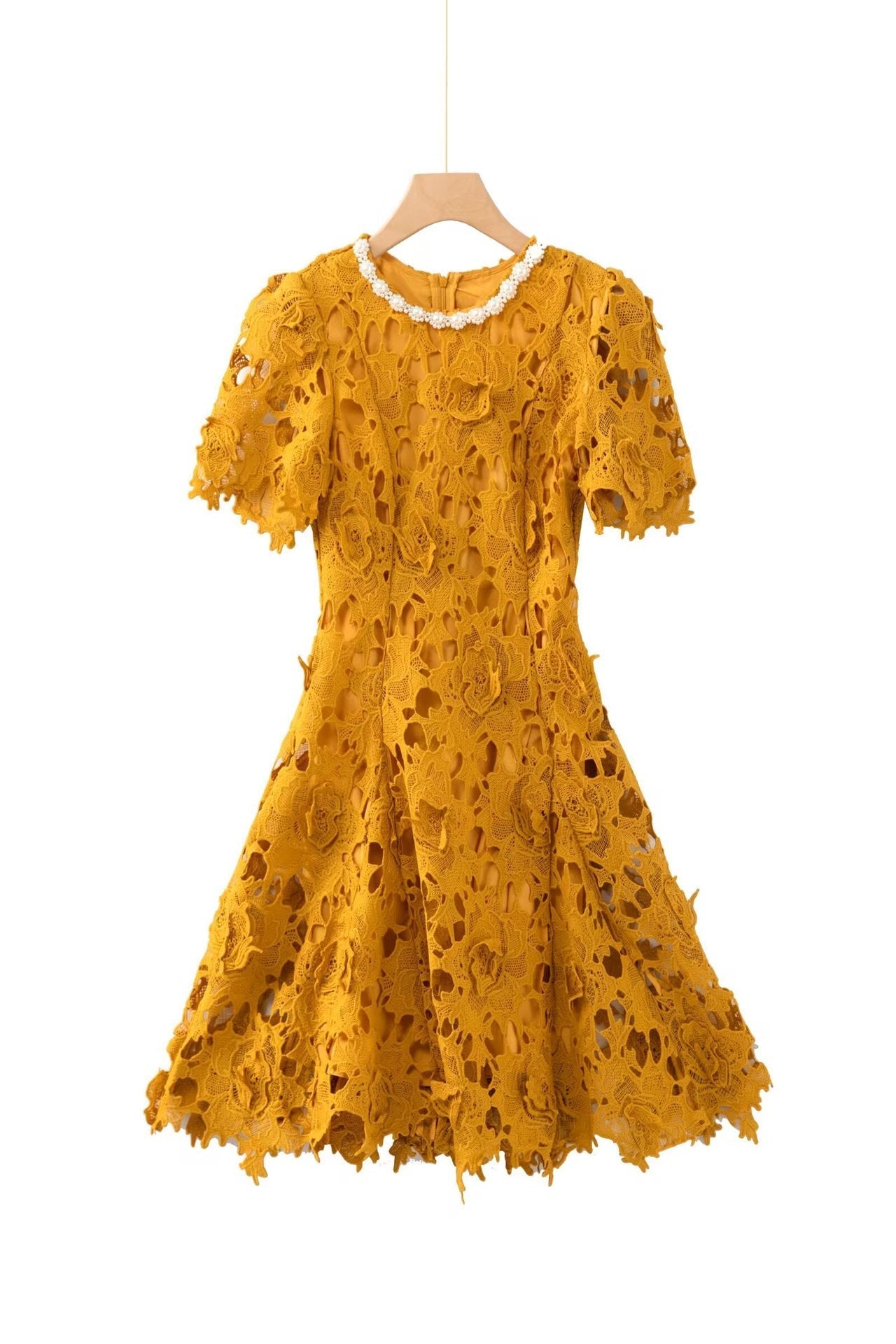Flowering Girl Women sylvia orange Beaded hollow crochet mini dress