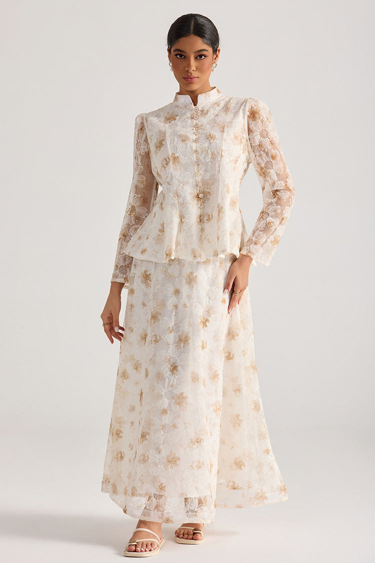 Rebecca Yellow Floral Embroidered Long-Sleeve Top Skirt Set
