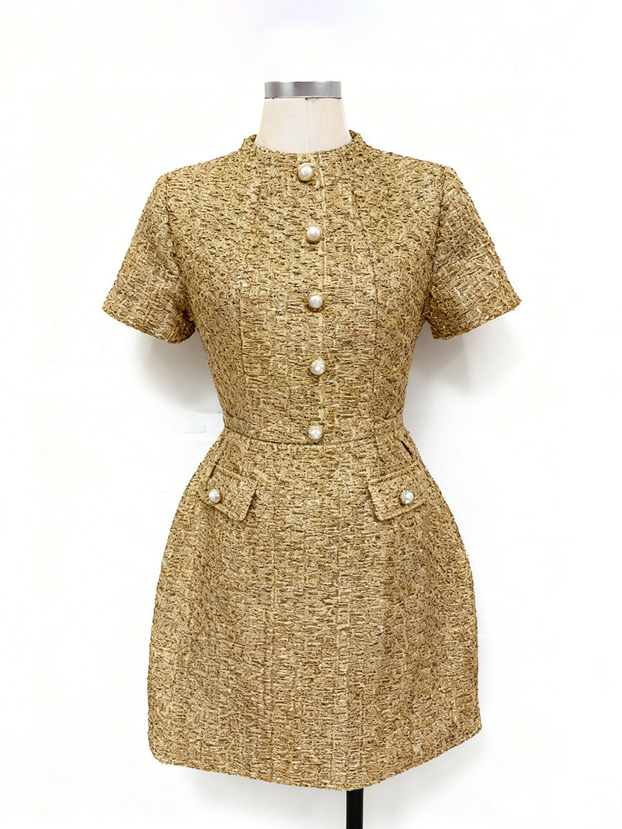 Tiffany Pearl-Embellished Tweed Mini Dress In Gold
