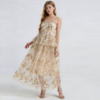 Ashley Gold Rhinestone Sequin Embroidery Layer Maxi Dress