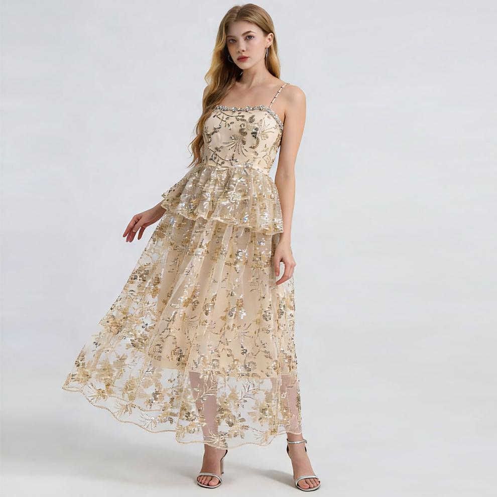 Ashley Gold Rhinestone Sequin Embroidery Layer Maxi Dress
