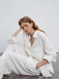 Flowering Girl Women white V-neck linen long-sleeved shirt