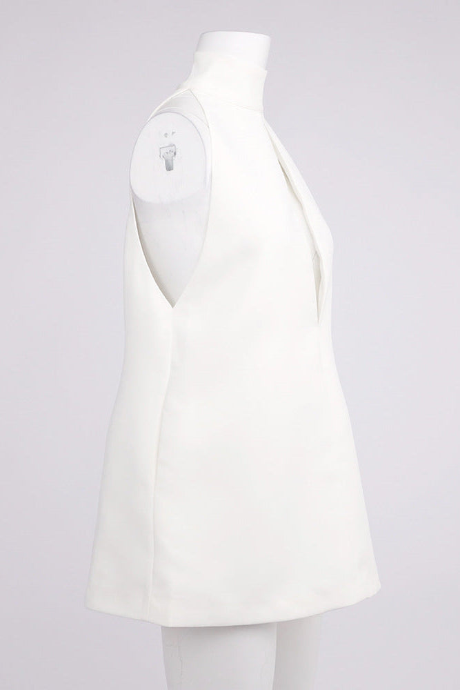 Flowering Girl Women v-Neck Cutout Backless Crepe Halter Dress - White