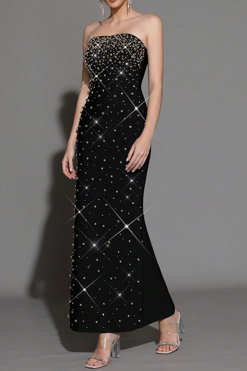 Flowering Girl Women Pearl Rhinestone Beaded Strapless Black Maxi Dress