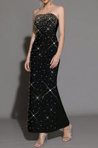 Flowering Girl Women Pearl Rhinestone Beaded Strapless Black Maxi Dress
