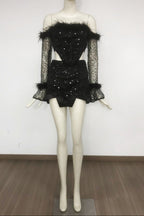 Flowering Girl Women Black Off-Shoulder Top Short Mesh Skirt Set