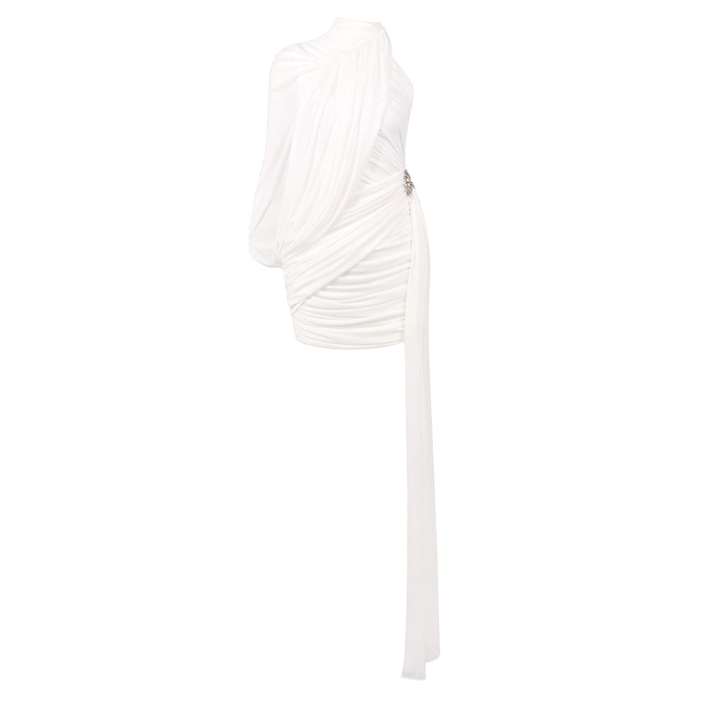 Flowering Girl Women off-shoulder single-sleeve pleated bodycon Ribbon mini dress - white