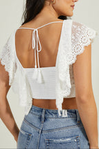 White Eyelet Lace Flutter Sleeve Blouse