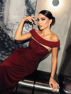 lola burgundy Off-shoulder asymmetrical-draped high slit maxi dress