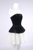 Petal-layered velvet top mini skirt suit without glove - black/white