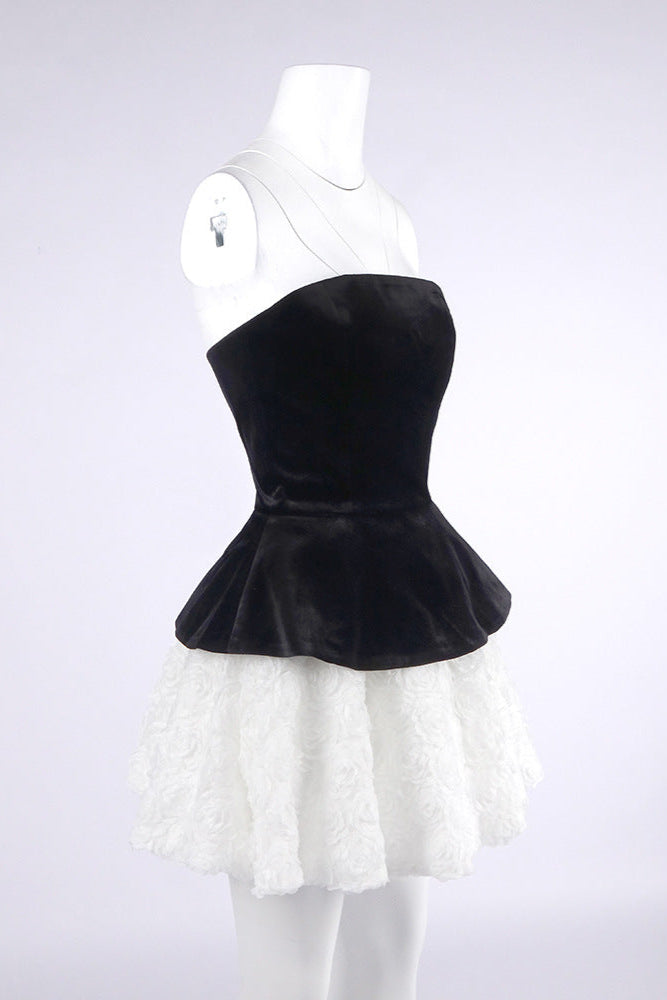 Flowering Girl Women Petal-Layered Velvet Top Mini Skirt Suit Without Glove - Black/White