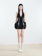 trista Lace Up Halter Neck Ruffle Mini Dress