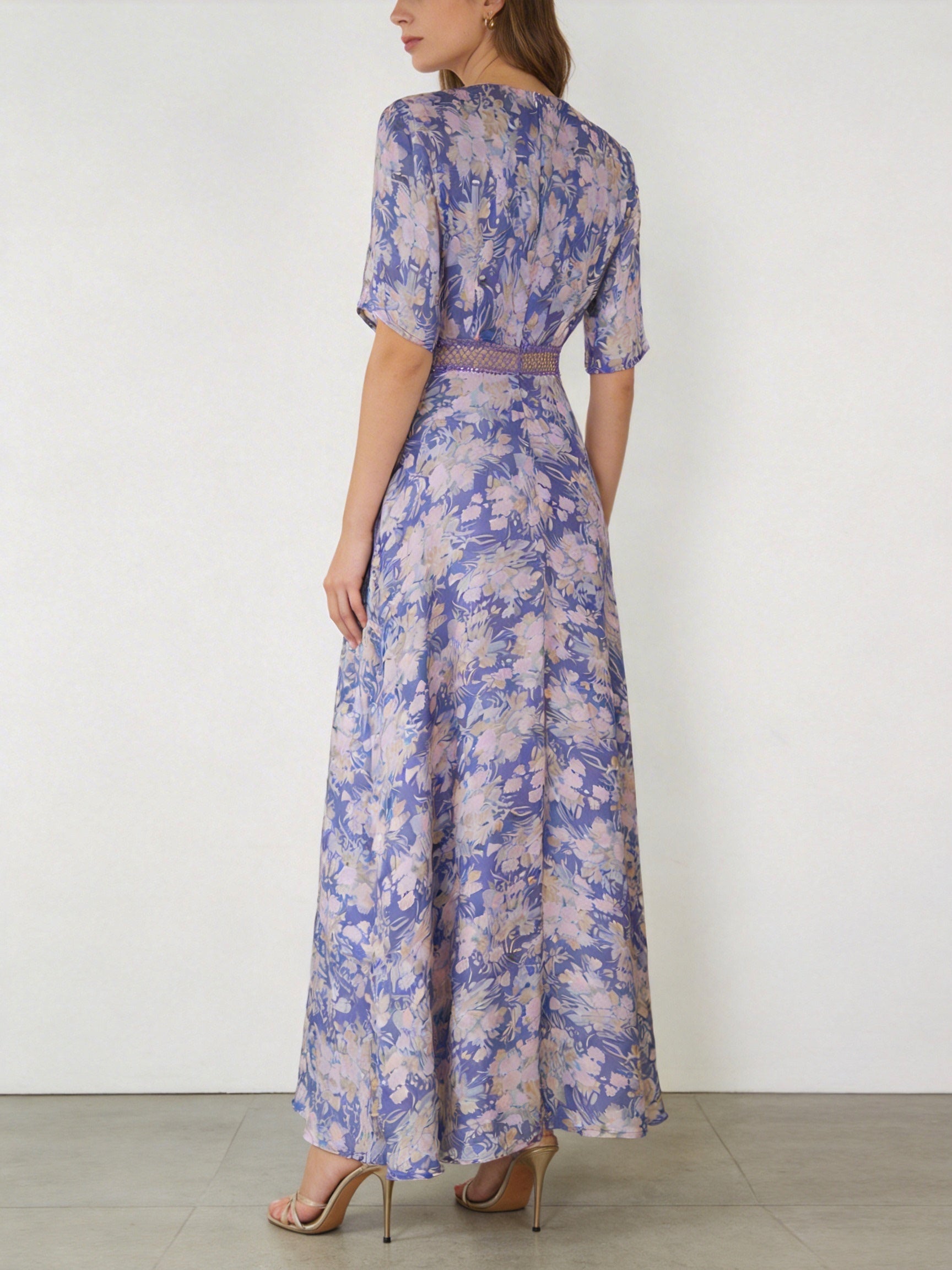 Purple Floral Printed V-Neck Maxi Dress