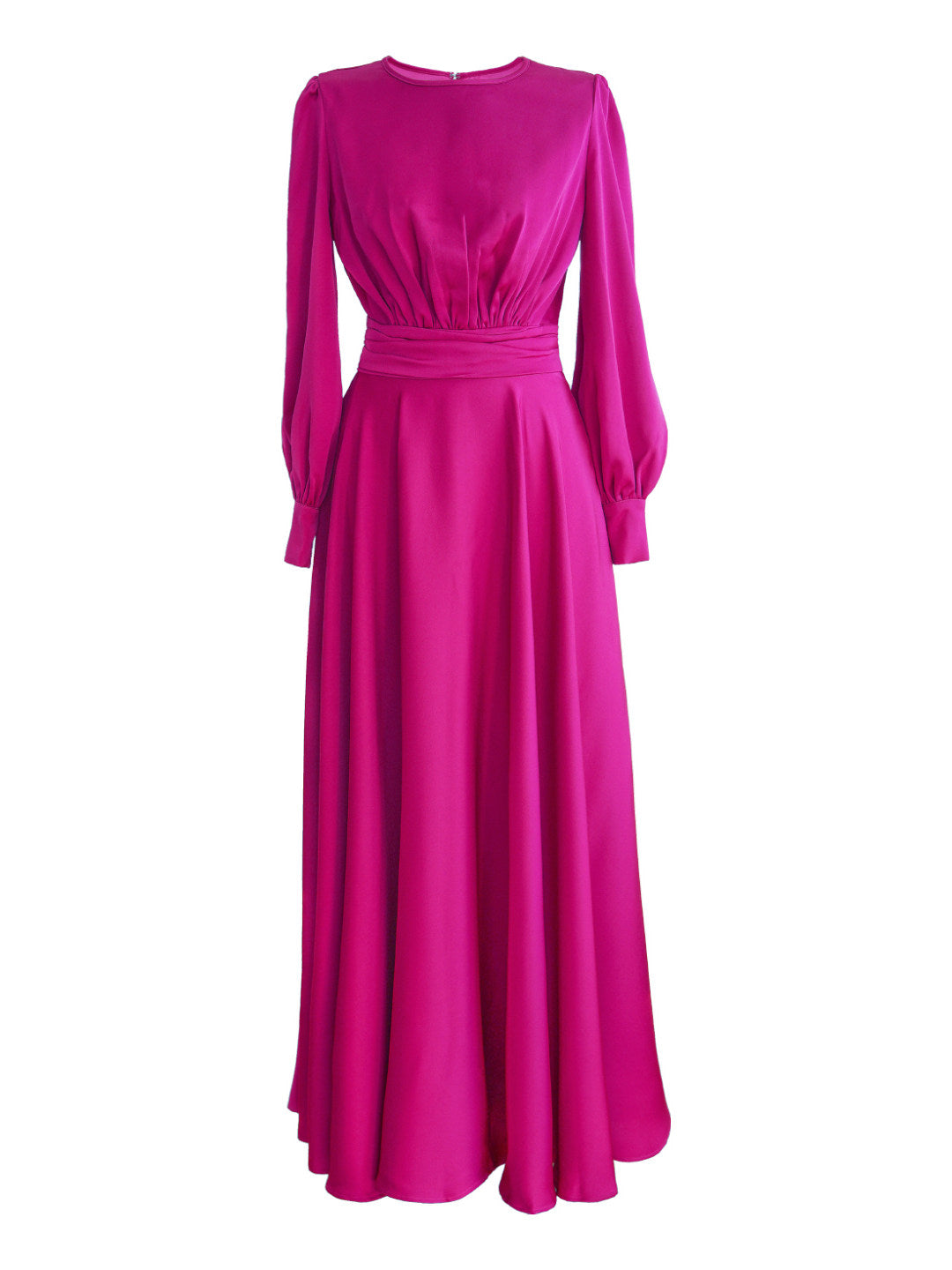 Fuchsia Satin Long Sleeve Maxi Dress With Gathered Waist