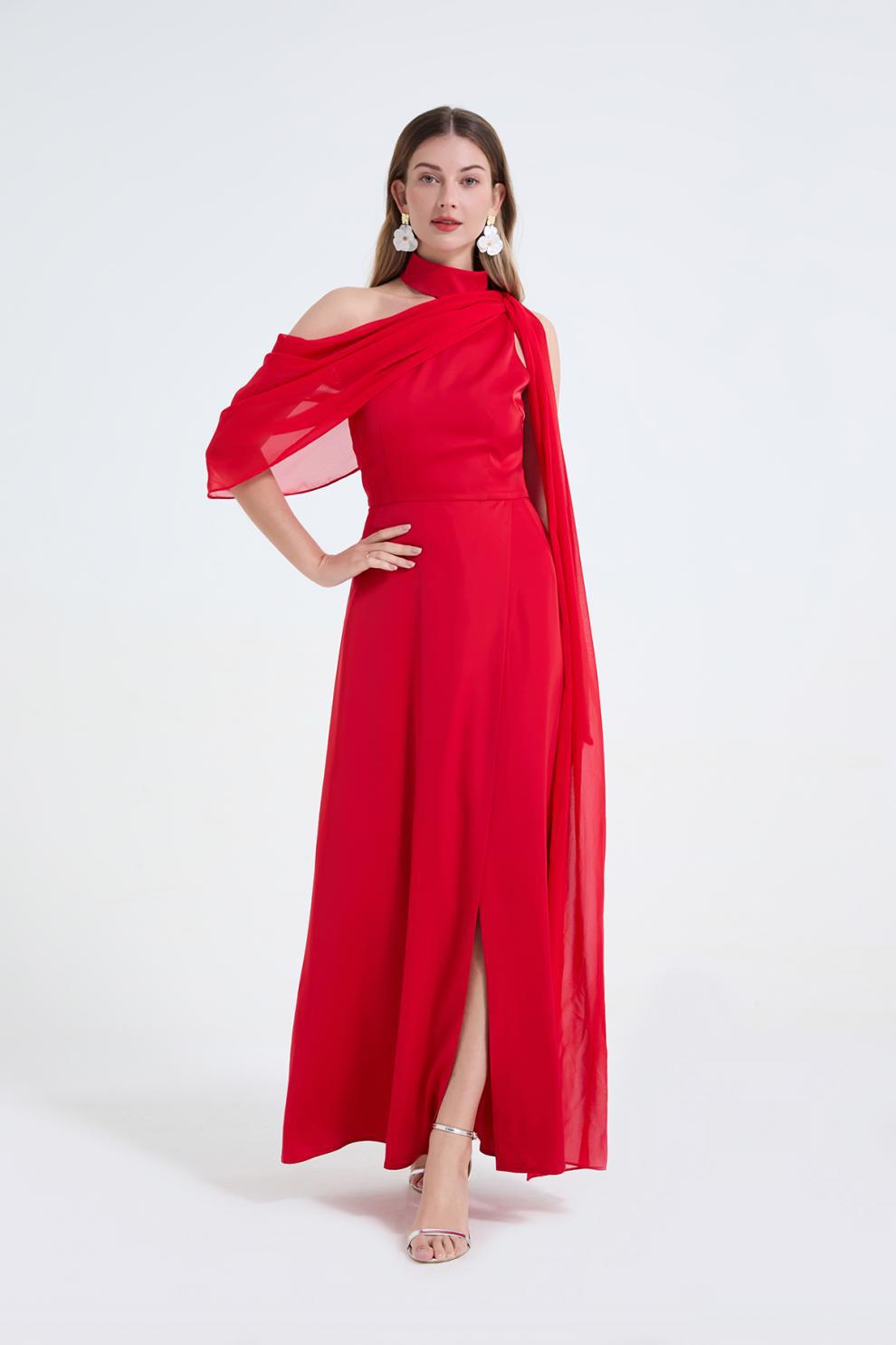 Flowering Girl Women tammy Tailored One-Shoulder Detachable Collar Maxi Dress in red