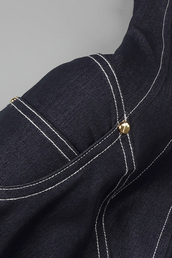 haltered corseted midi dress denim in navy blue