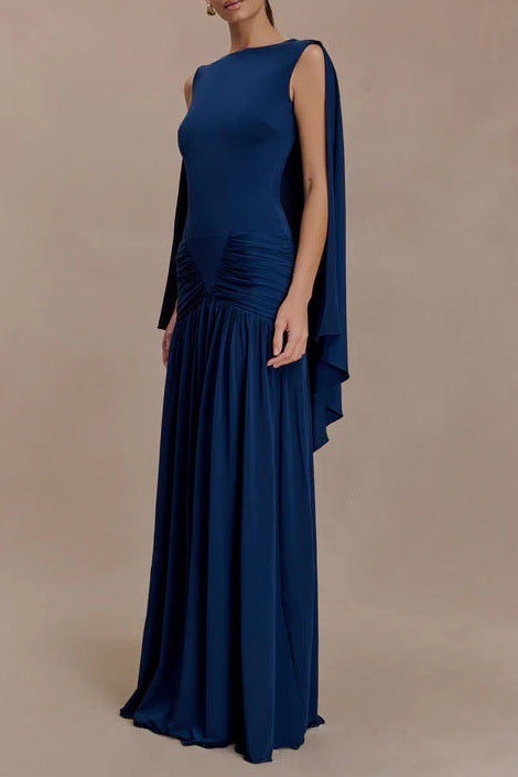 Flowering Girl Women navy open back cape pleated maxi dress
