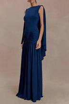 Flowering Girl Women navy open back cape pleated maxi dress