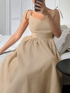 Flowering Girl Women cotton linen backless strap midi dress