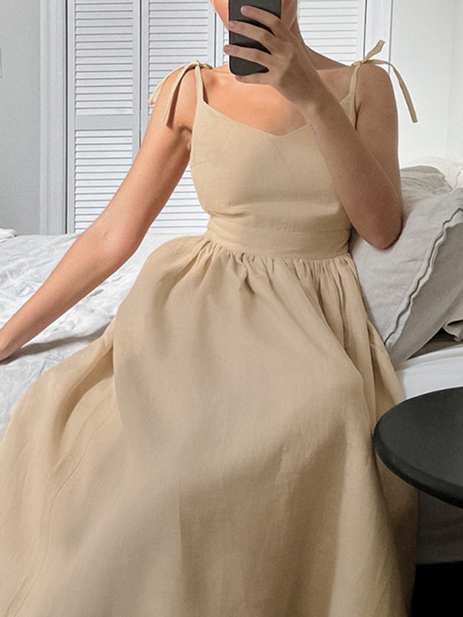 Flowering Girl Women cotton linen backless strap midi dress