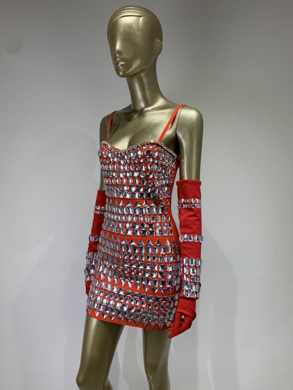 Flowering Girl Women CRYSTAL EMBELLISHED BANDAGE DRESS WITH GLOVES IN RED