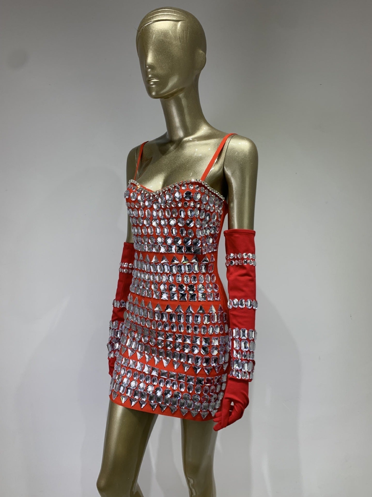 Flowering Girl Women CRYSTAL EMBELLISHED BANDAGE DRESS WITH GLOVES IN RED