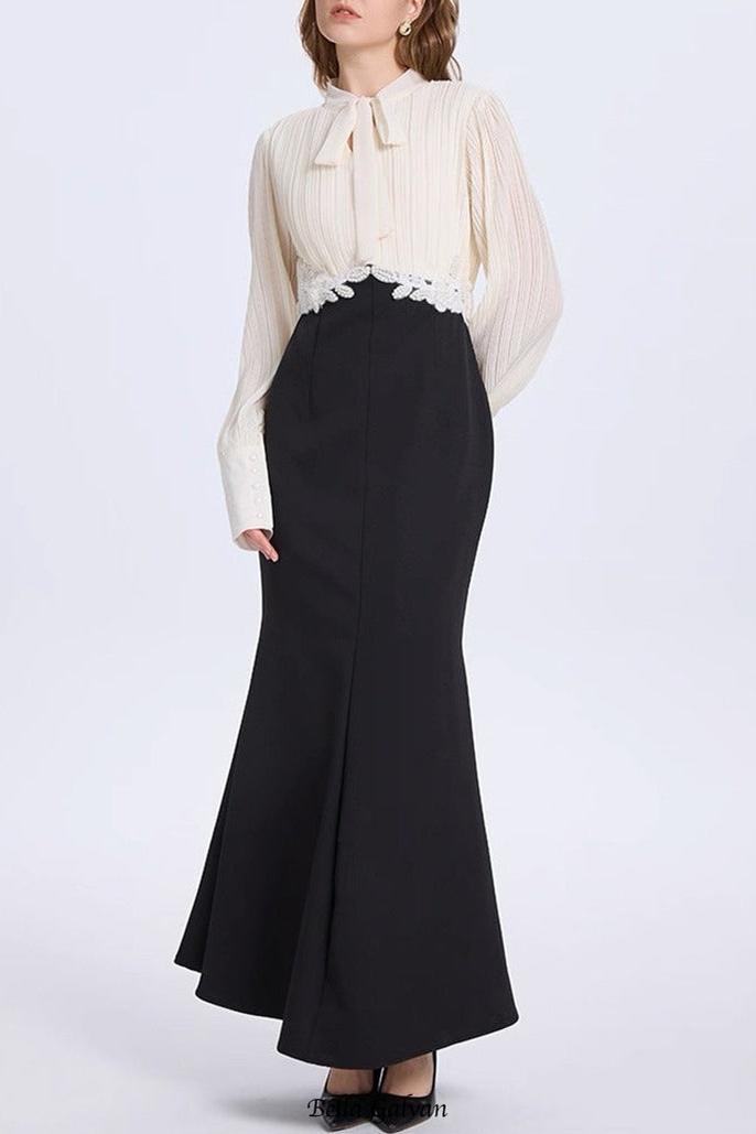 carlin Balloon Sleeve Ruched Tie Up Midi Dress - white & black