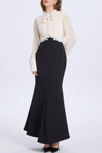 carlin Balloon Sleeve Ruched Tie Up Midi Dress - white & black