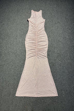 Hollow Mesh Rhinestone Sleeveless maxi Dress in pink
