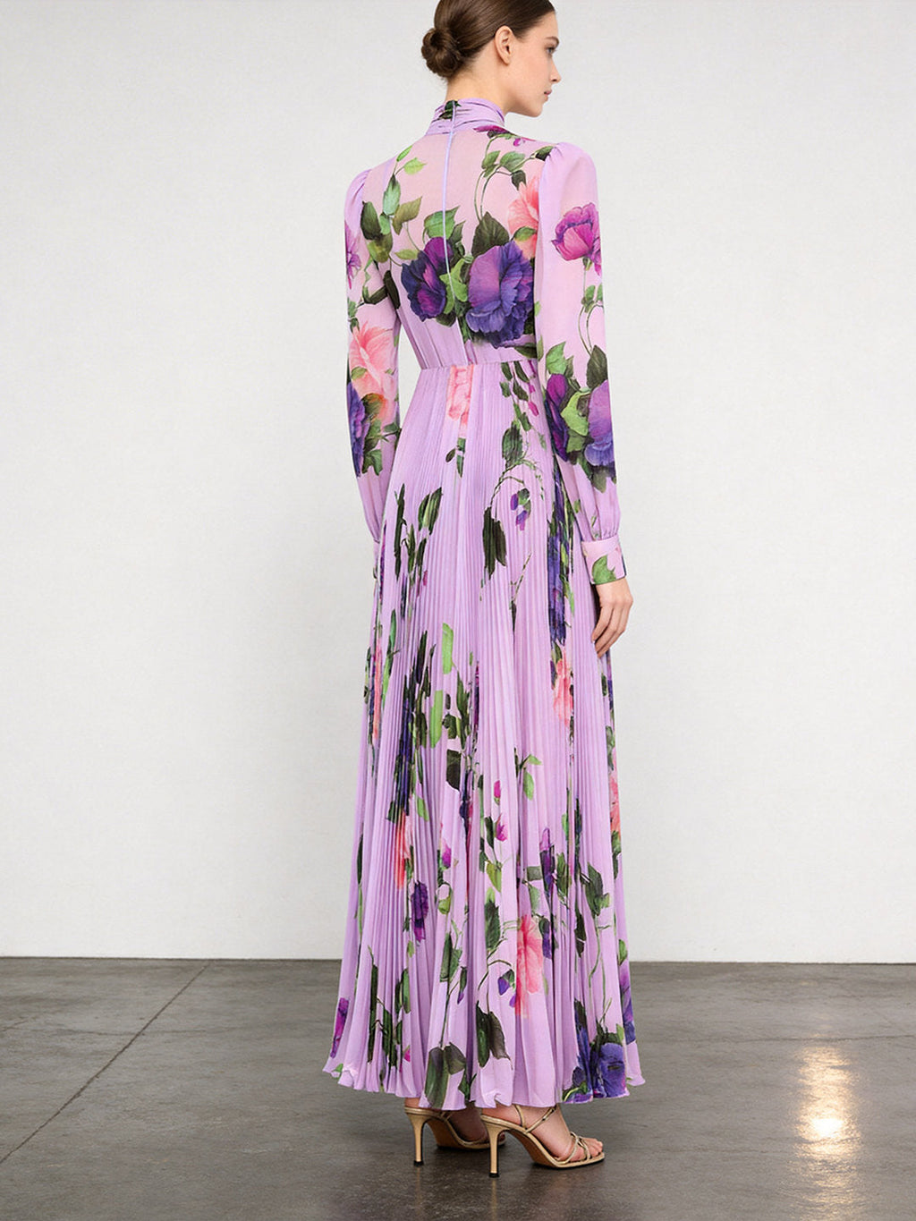 Purple Floral Printed Long Sleeve Pleated Dress