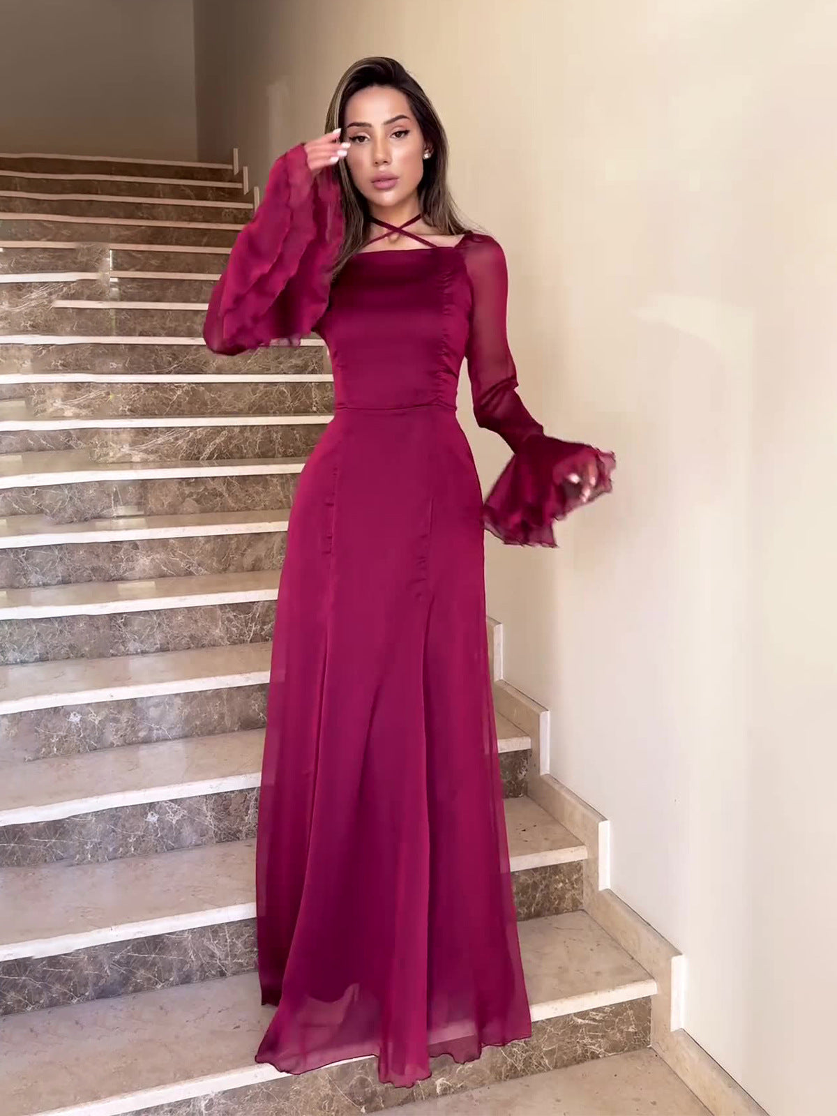 Flowering Girl Women Chiffon Gentle Ruffles Flowing Strappy maxi Dress