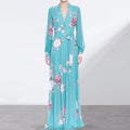 Blue Floral V Neck Long Slveeve Maxi Dress