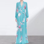 Blue Floral V Neck Long Slveeve Maxi Dress