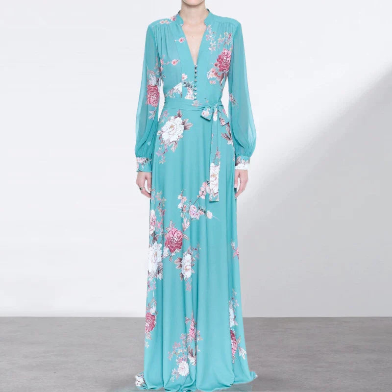 Blue Floral V Neck Long Slveeve Maxi Dress