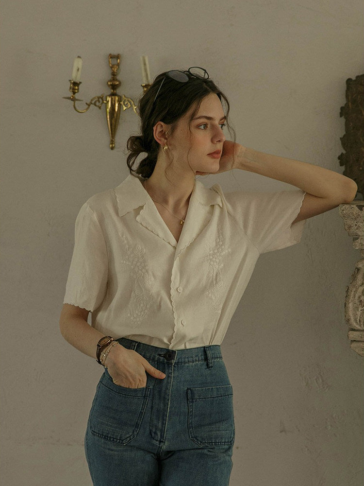 White Embroidered Lace Short Sleeve Shirt Top