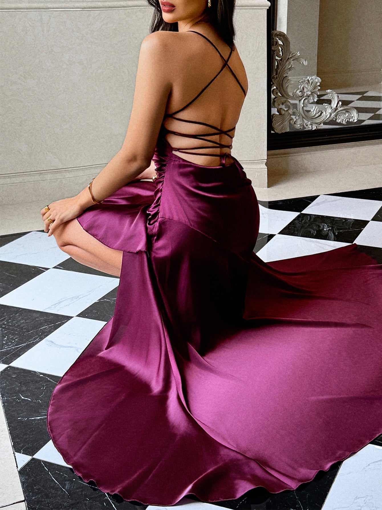 Flowering Girl Women red wine suspender slits maxi dress