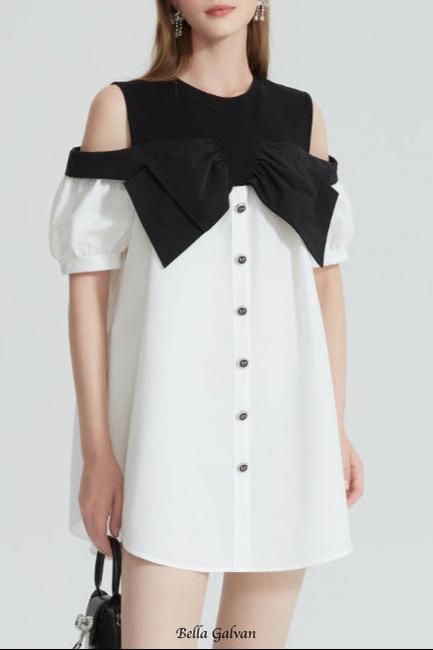 evelyn Off-shoulder contrast bow mini dress