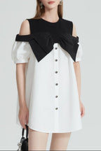 Evelyn Off-Shoulder Contrast Bow Mini Dress