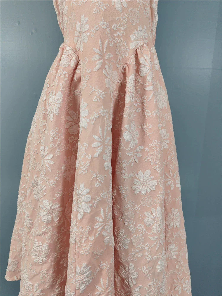 Pink Fairy Jacquard Halterneck Open Back Big Swing Midi Dress
