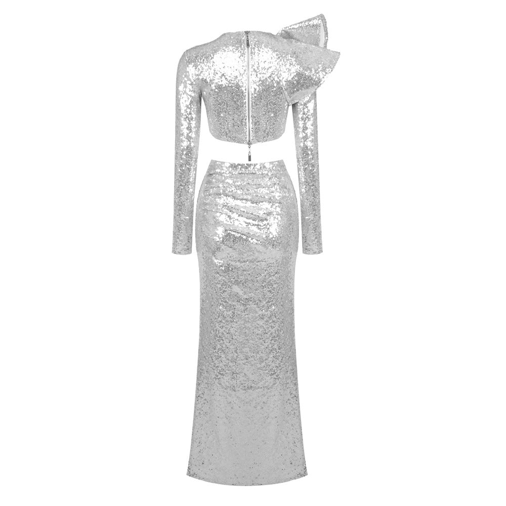 Flowering Girl Women crop top drape skirt set in silver
