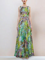Green Flower Sleeveless Large Swing Maxi Dress