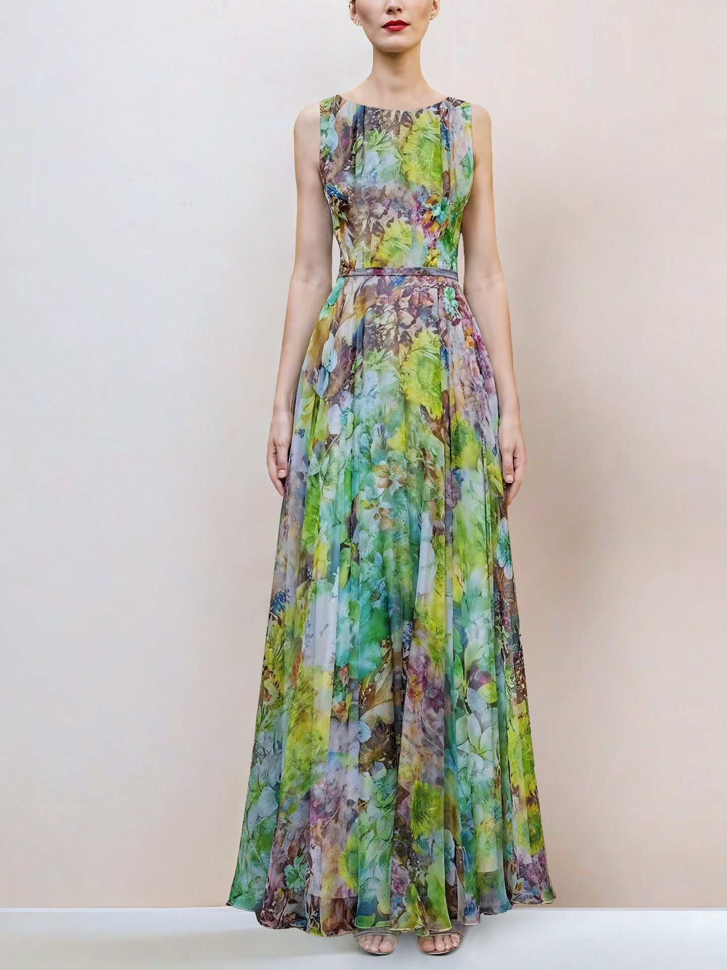 Green Flower Sleeveless Large Swing Maxi Dress