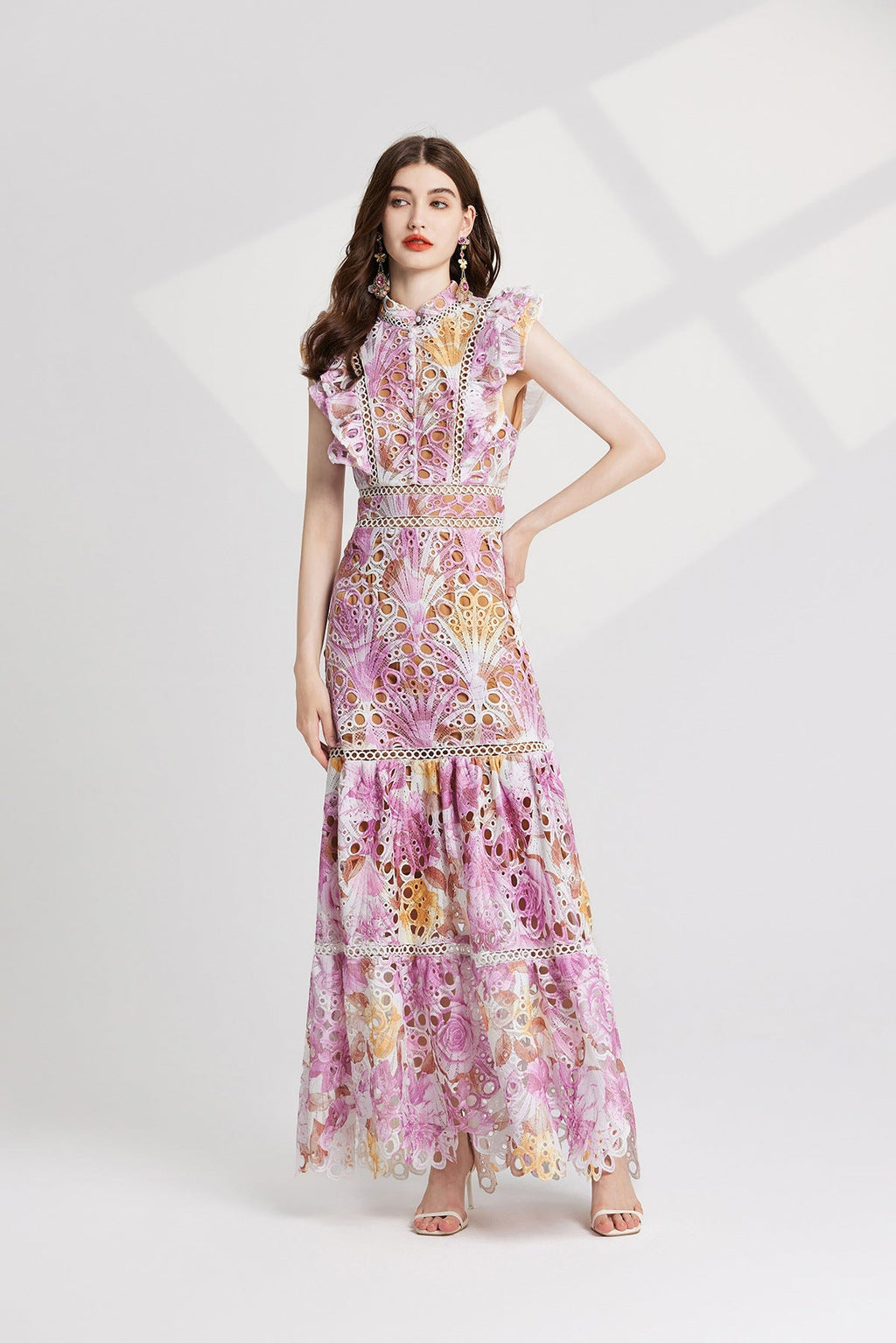 Flowering Girl Women chloe hollow out flower embroidery maxi dress in pink purple