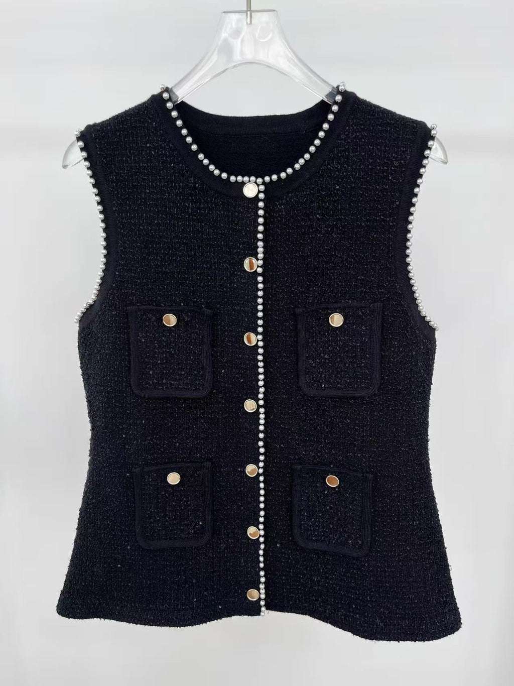 Jody Black Tweed Vest with Pearls embellished